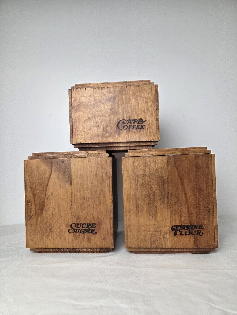Vintage Baribocraft Wooden Canister Set Canada Coffee Sugar Flour MCM Maple